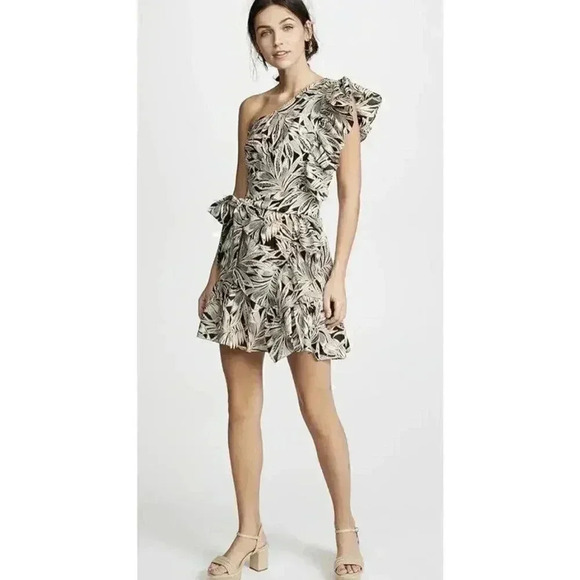 Alexis Mini Dress Safari Medium 6 8 One Shoulder Ruffle Wedding Cocktail $450 - Picture 1 of 10